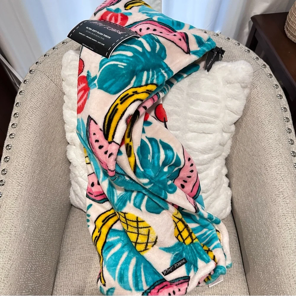 Betsey Johnson Bright Summer Fruits Cream Plush Throw Blanket